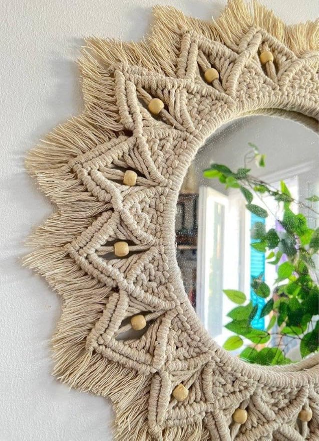 Handmade Macrame Mirror with Beads, Bohemian, Modern, Decorative, Wall Hanging, Home Decor, Boho, Round, Wooden Frame, Living Room, Bedroom, Dining Room, Entryway, Hallway, Office, Nursery