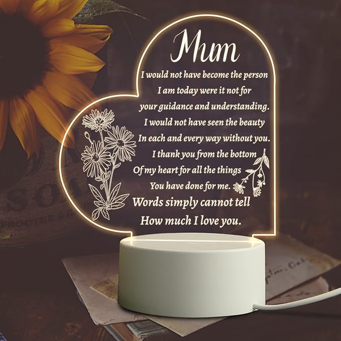 Mothers Day Gifts for Mum from Daughter Son, Mum Birthday Gifts, Acrylic Night Lamp Mum Gifts, Presents for Mum Mum- Heart