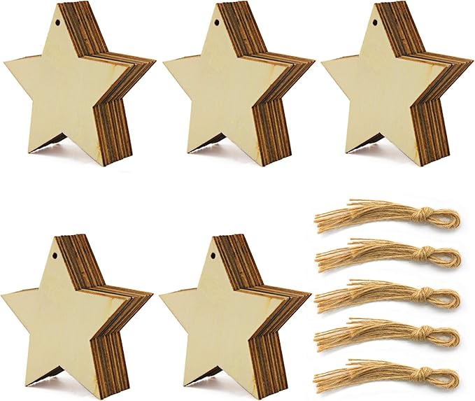 50 Pack Wooden Star Cutouts Star Wooden Ornaments Star Shape Unfinished Wood Hanging Ornaments with Ropes for Embellishments, Wedding, DIY, Craft, Festival (Star Cutouts)