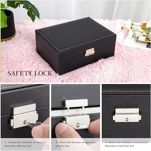 Eirsdoik Black Leather Jewelry Box Organizer with Lock,2-Layer Removable Display Storage Travel Case for Necklaces,Rings, Earrings,Bracelets