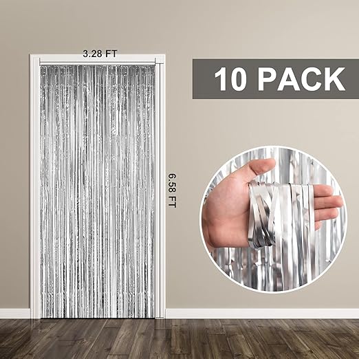 10 Pack Foil Curtain Backdrop Silver Metallic Tinsel Foil Fringe Curtains Photo Booth Props for Birthday Wedding Engagement Baby Shower Bachelorette Christmas Holiday Celebration Party