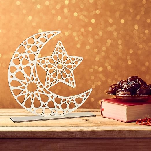 2 Pieces Wood Eid Mubarak Decorations Ramadan Kareem Table Sign Moon Hollow Star Ornament for Muslim Islamic Party Tabletop Decor Home Art Craft Decoration White Moon