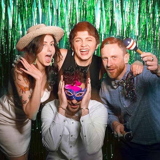5 Pack Foil Curtain Backdrop Green Metallic Tinsel Foil Fringe Curtains Photo Booth Props for Birthday Wedding Engagement Baby Shower Bachelorette Christmas Holiday Celebration Party Decorations