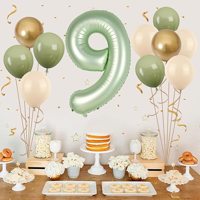 40 Inch Sage Green Number 9 Balloon, Olive Green 9th Birthday Balloons, Retro Sand White Avocado Green Gold Latex Balloons Giant 9 Foil Balloon for Kids Boy Girl 9th Birthday Jungle Party Decorations