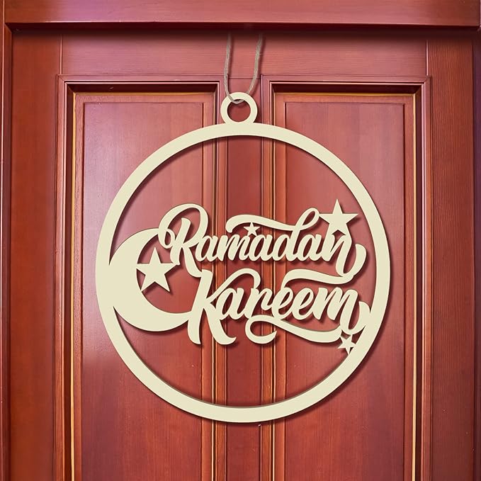 Queekay Wooden Ramadan Kareem Door Sign Round Hanging Islam Wall Pendant for Muslim Home Room Happy Party Supplies