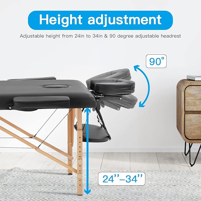 Portable Massage Table Folding with Free Accessories, Wooden/Aluminum 84" Bed 2" Cushion 2/3 Section Massage Spa Bed,Height-Adjustable Salon Bed… (Beech Black 2 Section)