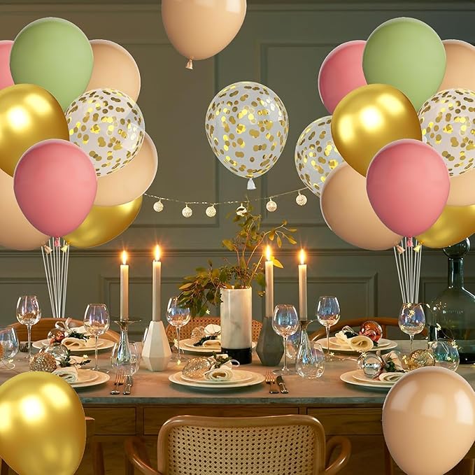 Pink and Sage Green Balloon Set, 60 Pieces Latex and Gold Confetti Balloons for Party Decorations