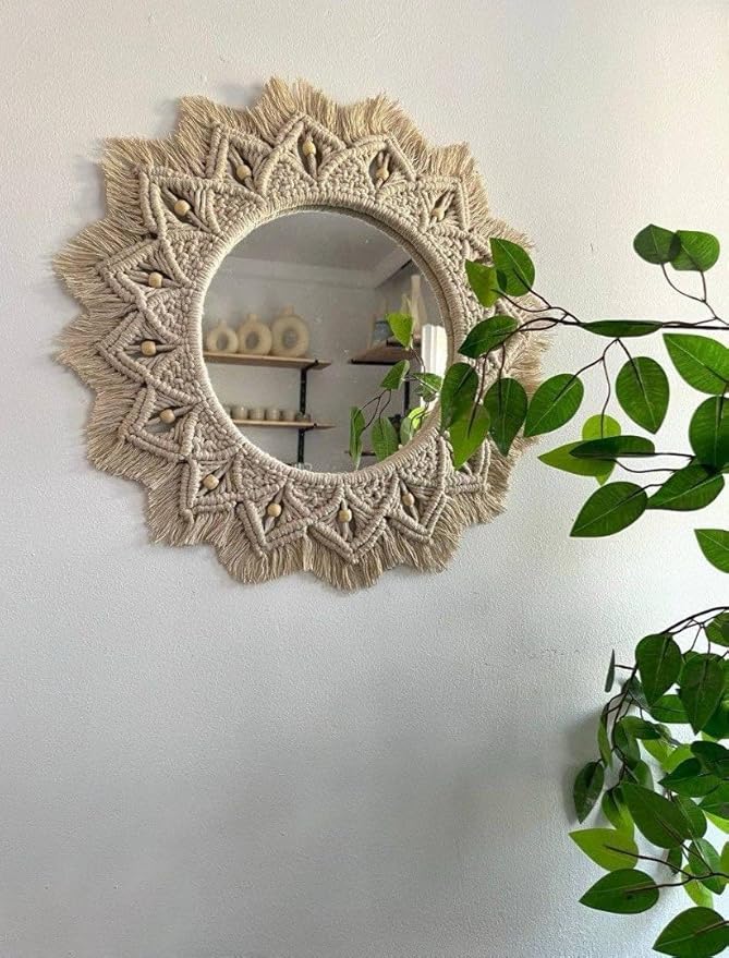 Handmade Macrame Mirror with Beads, Bohemian, Modern, Decorative, Wall Hanging, Home Decor, Boho, Round, Wooden Frame, Living Room, Bedroom, Dining Room, Entryway, Hallway, Office, Nursery