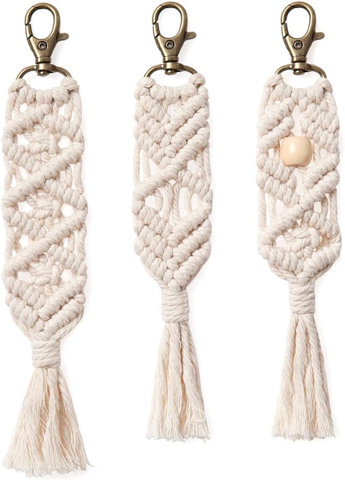 Mkono Mini Macrame Keychains Boho Macrame Bag Charms with Tassels Cute Handcrafted Accessories for Car Key Purse Phone Wallet Unique Gift Party Supplies, Natural White, 3 Pack