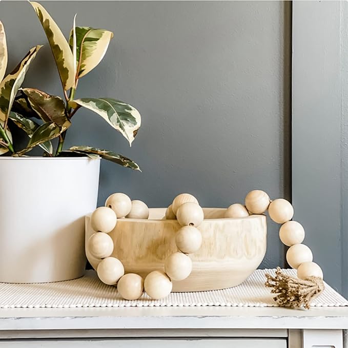 Elifel Farmhouse Decor Large Wooden Bead Garland, 50" Long with 1.6" Diameter Beads, Natural Wood & Jute, Round Shape, Wood Color