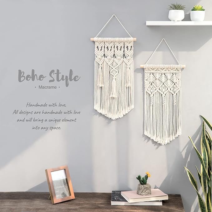 Mkono 2 Pcs Macrame Woven Wall Hanging Boho Chic Geometric Art Decor - Beautiful Bedroom Nursery Apartment Home Decoration, Gift for Girls Adults Birthday Christmas, Small Size 18" L x 9.5" W