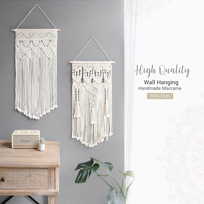 Mkono 2 Pcs Macrame Woven Wall Hanging Boho Home Chic Bohemian Geometric Art Decor - Beautiful Apartment Bedroom Dorm Room Decoration, 32''L x 17''W