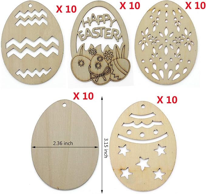 50 Pieces Easter Eggs Wood Slice Easter Home Ornaments DIY Doodle Wooden Egg Shape Crafts Hanging Easter Decorations with Twine for Easter Party Supplies, 5 Styles Unfinished Predrilled Egg Cutouts