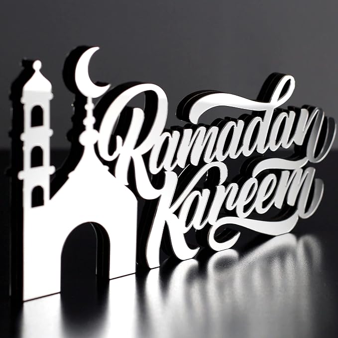 IWA CONCEPT | Wooden Acrylic Islamic Tabletop Decors | Ramadan Kareem and Eid Mubarak Decoration | Islamic Muslim Gifts | Ramadan Eid Decoration | (Ramadan Kareem-3, Silver)