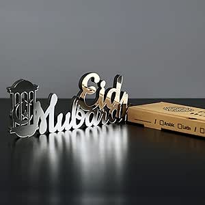 iwa concept | Wooden Acrylic Islamic Tabletop Decors | Ramadan Kareem and Eid Mubarak Decoration | Islamic Muslim Gifts | Ramadan Eid Decoration | (Eid Mubarak-3, Silver)