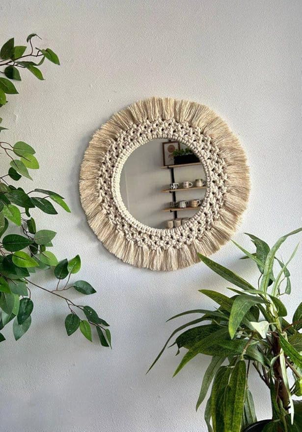 Bohemian Macrame Wall Mirror - Handmade Wall Decor with Mirror - 100% Natural Cotton