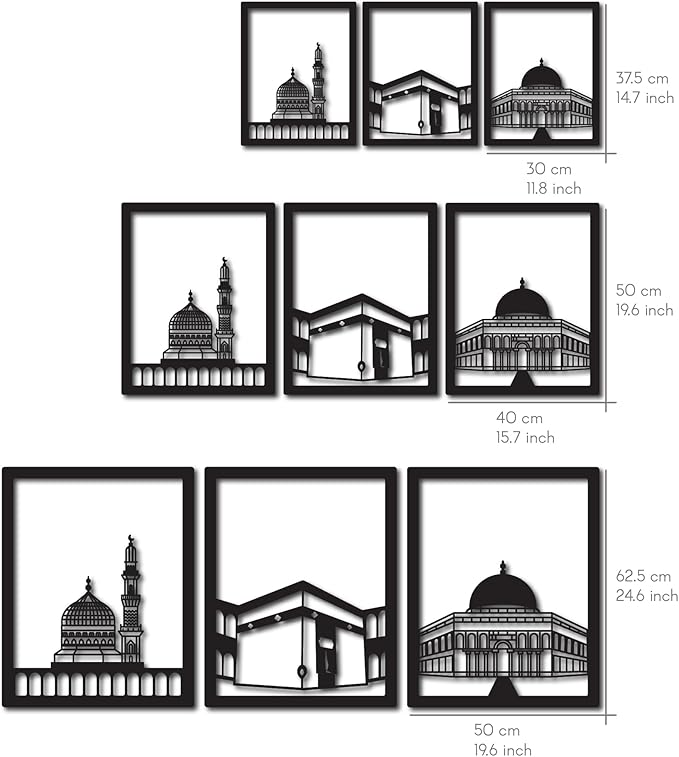 iwa concept Masjid Al Aqsa, Masjid Al-Haram & Masjid An-Nabawi Islamic Wall Art | Wooden Acrylic Kaaba Wall Decor | Ramadan Decoration | Muslim Gift | (Medium, Gold | All Three)
