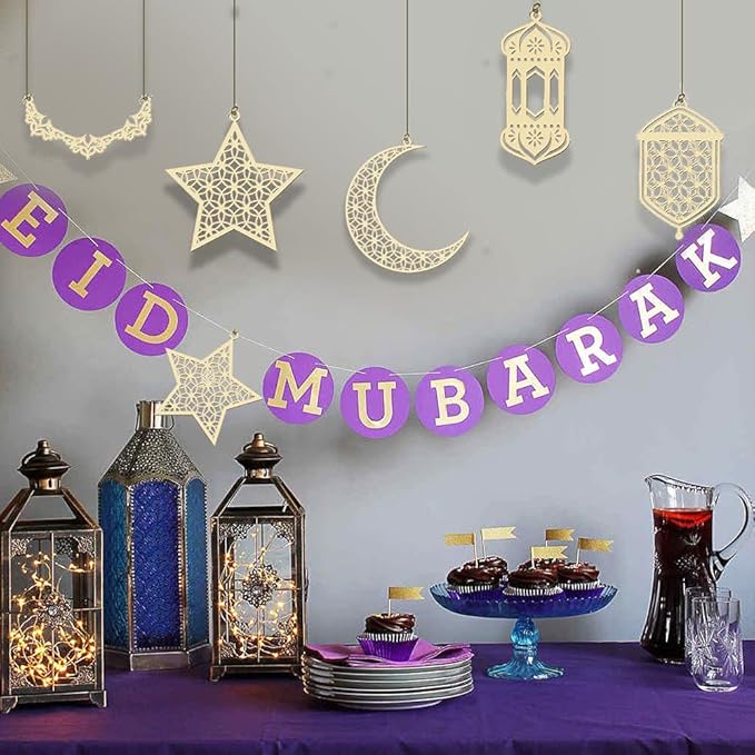 Ramadan decoration, Ramadan decoration, wood Eid al-Fitr, Eid Mubarak decoration, Ramadan Mubarak decoration, with moon pendant wind shape ornament for Muslim Eid Mubarak