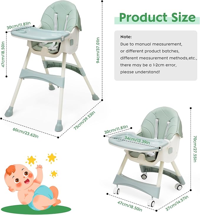 3-in-1 Children's High Chair with Wheels and Tray, Foldable Baby High Chair with Reclining Function, Height Adjustable Backrest, Grows with Children from 0 Months to 6 Years Baby Chair