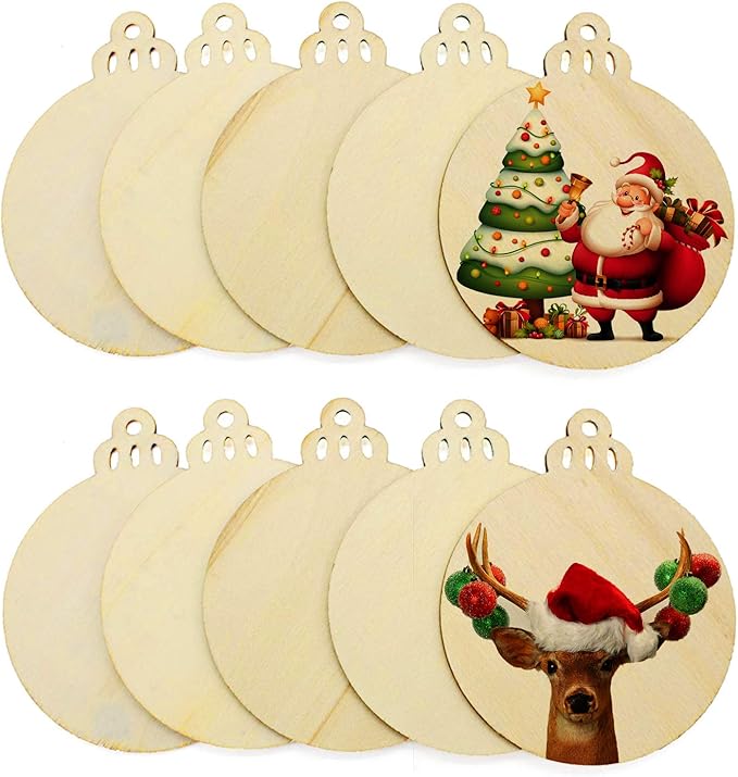 50 Pack Wooden Crafts to Paint Christmas Tree Hanging Ornaments Unfinished Wood Cutouts Christmas Decoration DIY Crafts (Round Cutouts)
