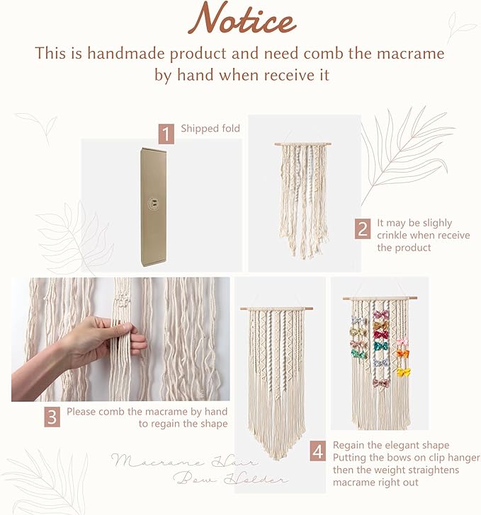 Mkono Macrame Hair Bow Holder Hanging Hair Clips Hanger Headband Storage Organizer Boho Wall Decor Bow Organizer for Baby Girls Room, Ivory (Clips and Other Props Not Included)