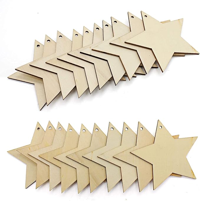 50 Pack Wooden Star Cutouts Star Wooden Ornaments Star Shape Unfinished Wood Hanging Ornaments with Ropes for Embellishments, Wedding, DIY, Craft, Festival (Star Cutouts)