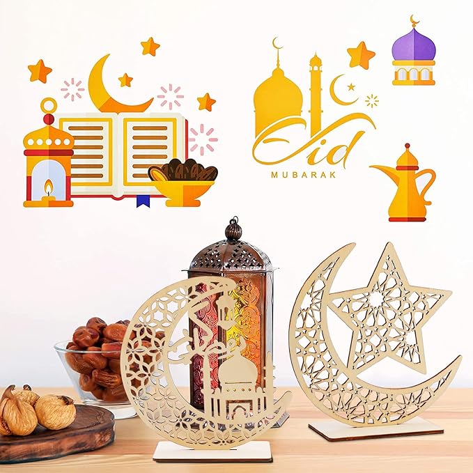 HOWAF 2 Sets Eid Mubarak Wooden Ornament Ramadan Kareem Hollow Decoration Moon Star Hanging Pendant Happy Eid Wood Tabletop Decor for Home Ramadan Mubarak Eid Decorations