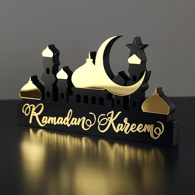 iwa concept | Wooden Acrylic Islamic Tabletop Decors | Ramadan Kareem and Eid Mubarak Decoration | Islamic Muslim Gifts | Ramadan Eid Decoration | (Ramadan Kareem-5, Gold)