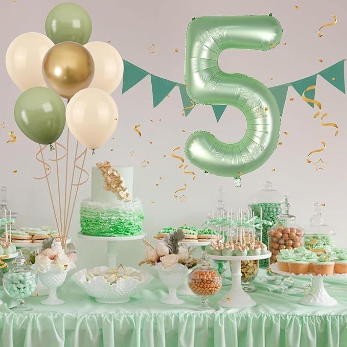 40 Inch Sage Green Number 5 Balloon, Olive Green 5th Birthday Balloons, Retro Sand White Avocado Green Gold Latex Balloons Giant 5 Foil Balloon for Baby Boy Girl 5th Birthday Jungle Party Decorations
