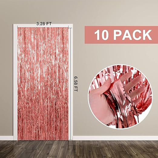 10 Pack Foil Curtain Backdrop Rose Gold Metallic Tinsel Foil Fringe Curtains Photo Booth Props for Birthday Wedding Engagement Baby Shower Bachelorette Christmas Holiday Celebration Party Decorations