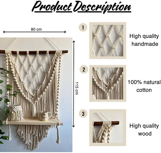 Generic Handmade Macrame Wall Hanging with Wooden Shelf, Off White