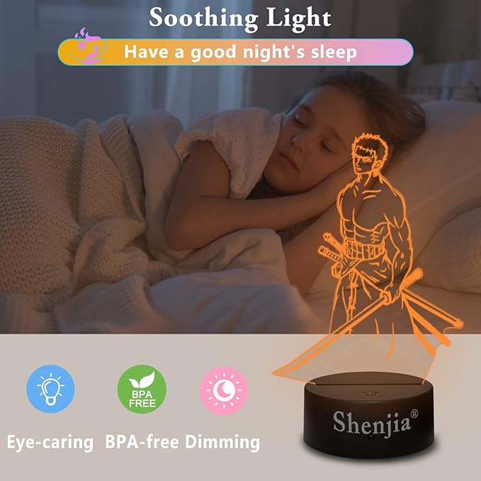 3D LED One Piece Night Light Character Commodity Lamp for Children's Room Home Room Decoration Colourful Night Light Gift for Fans Merch (16 Colours, Roronoa Zoro-A)