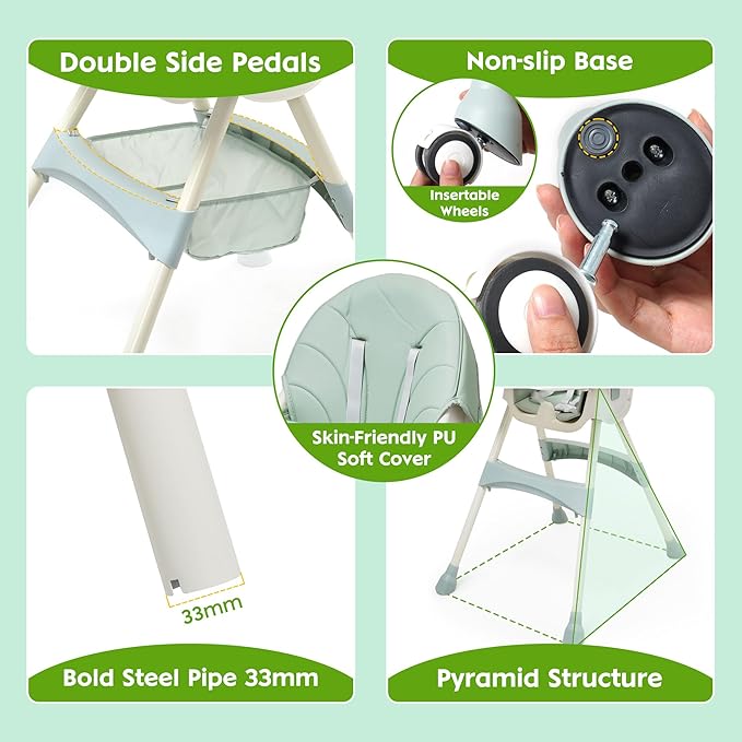 3-in-1 Children's High Chair with Wheels and Tray, Foldable Baby High Chair with Reclining Function, Height Adjustable Backrest, Grows with Children from 0 Months to 6 Years Baby Chair