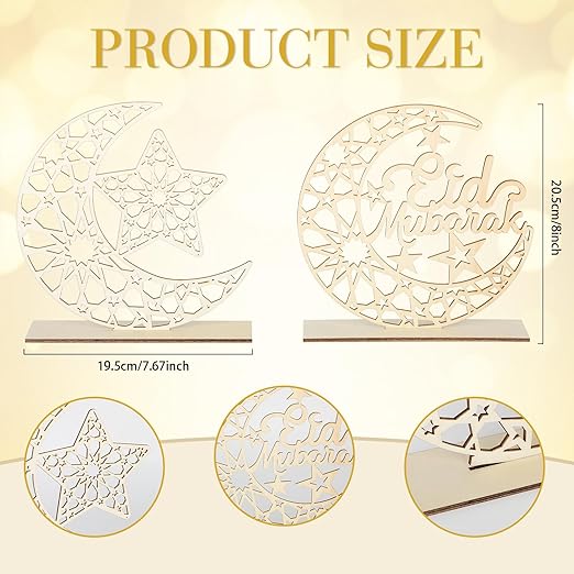2 Pieces Wood Eid Mubarak Decorations Ramadan Kareem Table Sign Moon Hollow Star Ornament for Muslim Islamic Party Tabletop Decor Home Art Craft Decoration White Moon
