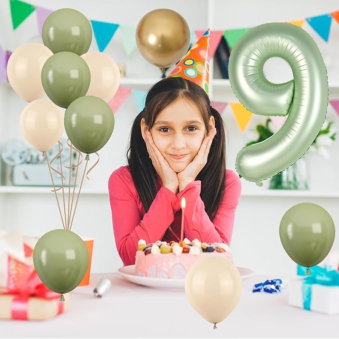 40 Inch Sage Green Number 9 Balloon, Olive Green 9th Birthday Balloons, Retro Sand White Avocado Green Gold Latex Balloons Giant 9 Foil Balloon for Kids Boy Girl 9th Birthday Jungle Party Decorations