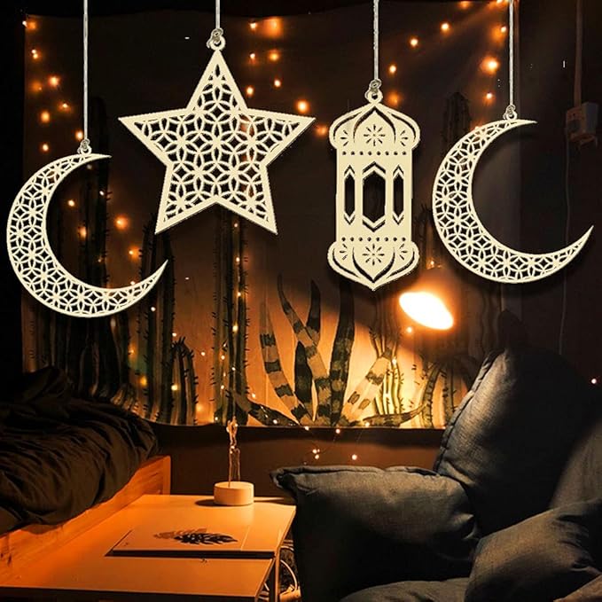 Ramadan decoration, Ramadan decoration, wood Eid al-Fitr, Eid Mubarak decoration, Ramadan Mubarak decoration, with moon pendant wind shape ornament for Muslim Eid Mubarak