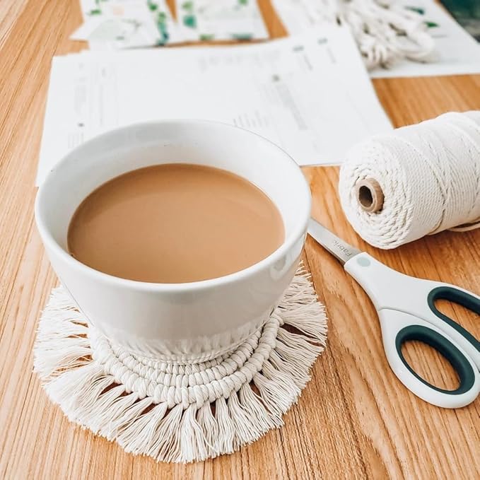 tms Cotton Boho Circle Macramã© Coaster with Fringe, Off-White, 15.24 Cm Diameter, Handcrafted, Decorative Drink Coasters, Natural Fibers, Table Decor Accessories 2 Piece (Off-White Set 2)