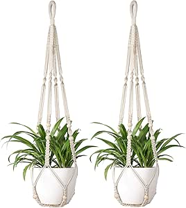 Mkouo Macrame Plant Hangers 2Pcs Indoor Hanging Planter Basket Flower Pot Holder Cotton Rope with Beads No Tassels, 89cm