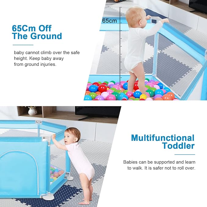 Yorking Baby Playpen by 6 Sides with Round Zipper Door Play Pen for Toddlers Playpen Baby(Blue)