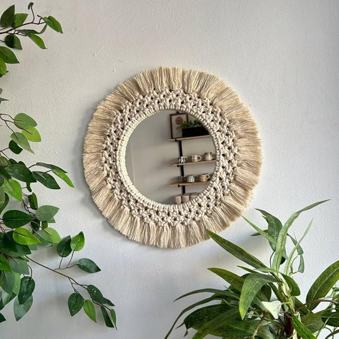Bohemian Macrame Wall Mirror - Handmade Wall Decor with Mirror - 100% Natural Cotton