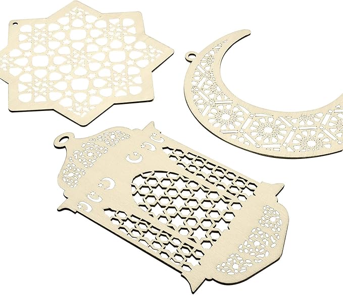 Maitys 2 Sets 6 Pieces Wooden Pendant Kareem Moon Star Wind Light Shape Ornament for Ramadan Mubarak Eid Decorations