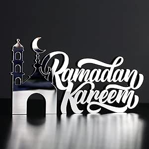 IWA CONCEPT | Wooden Acrylic Islamic Tabletop Decors | Ramadan Kareem and Eid Mubarak Decoration | Islamic Muslim Gifts | Ramadan Eid Decoration | (Ramadan Kareem-3, Silver)
