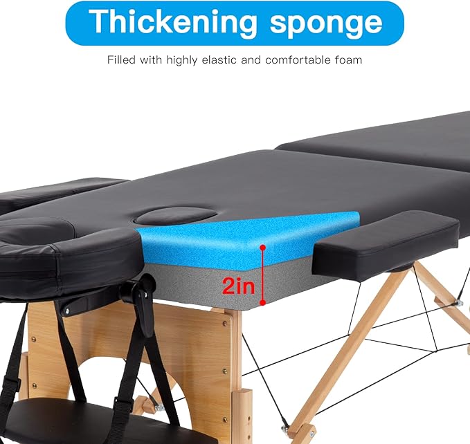 Portable Massage Table Folding with Free Accessories, Wooden/Aluminum 84" Bed 2" Cushion 2/3 Section Massage Spa Bed,Height-Adjustable Salon Bed… (Beech Black 2 Section)