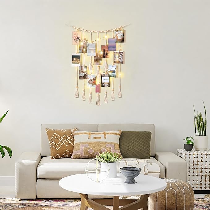 Mkono Macrame Hanging Photo Display Wall Decor with String Lights Boho Room Bedroom Wooden Beads Garland Picture Holder with 30 Clips