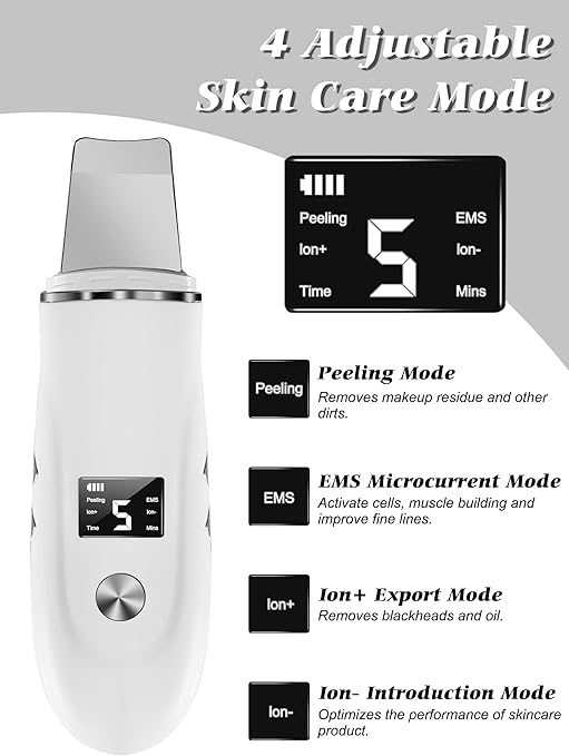 Skin Scrubber, Blackhead Remover Tool with Rechargeable Base, LCD Display, Ultrasonic Skin Scraper Pore Cleanser Skin Care Tools for Facial Deep Cleansing - 4 Modes