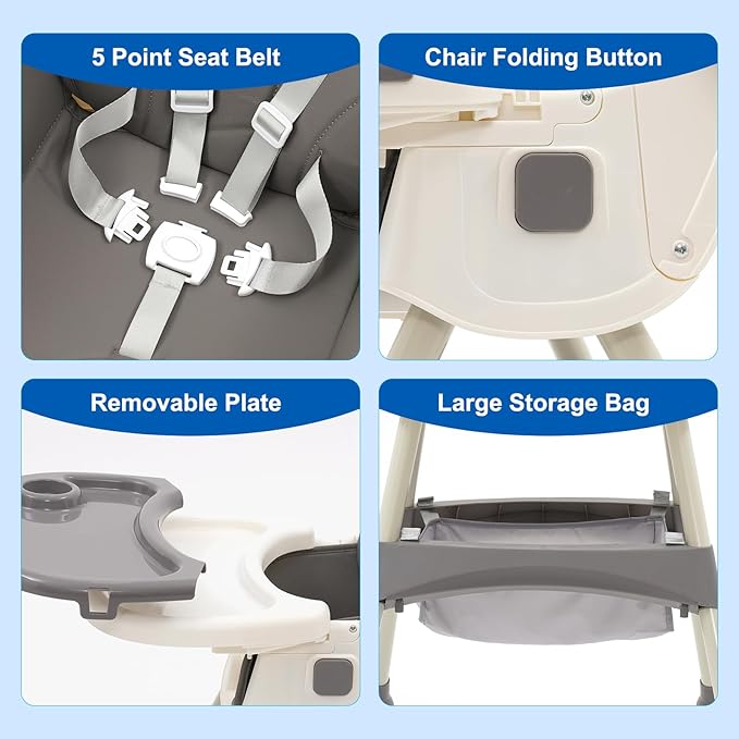 3 in 1 High Chair Baby Foldable High Chair Reclining Reclining Chair Adjustable Height with Table and Wheels