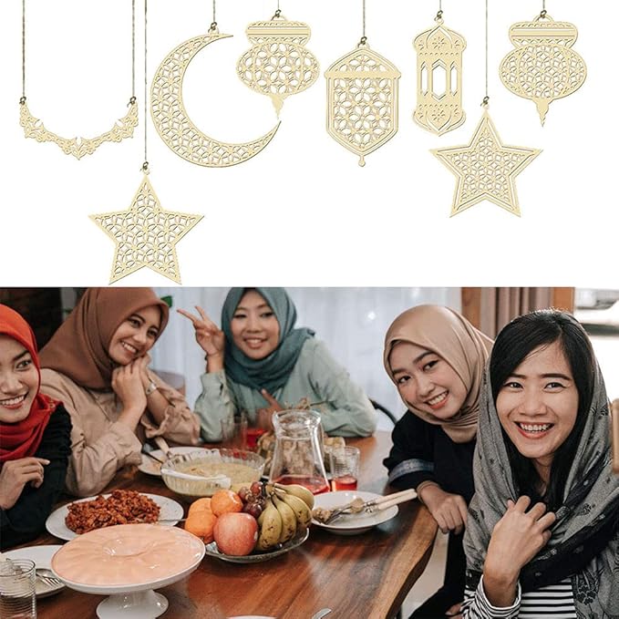Ramadan decoration, Ramadan decoration, wood Eid al-Fitr, Eid Mubarak decoration, Ramadan Mubarak decoration, with moon pendant wind shape ornament for Muslim Eid Mubarak