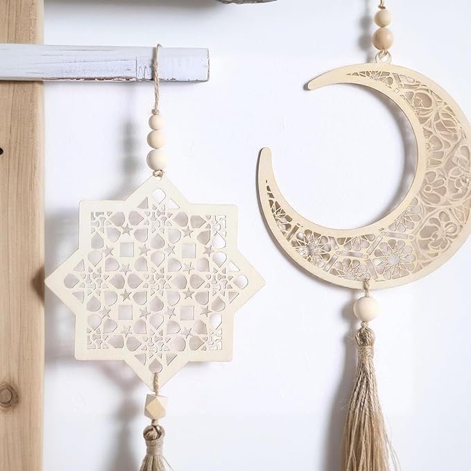 ALMEKAQUZ Eid Decoration Set: Chic Wooden Pendant Ornaments for Festive Ramadan Atmosphere(2 Pieces)