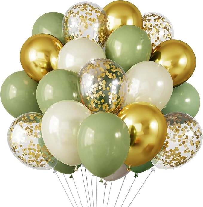 Party Balloon Set for Birthday and Wedding Celebrations, All Ages, Unisex (confetti gold and sage green, 1)