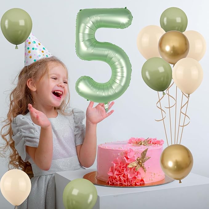 40 Inch Sage Green Number 5 Balloon, Olive Green 5th Birthday Balloons, Retro Sand White Avocado Green Gold Latex Balloons Giant 5 Foil Balloon for Baby Boy Girl 5th Birthday Jungle Party Decorations